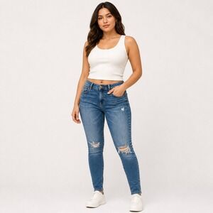 Mango Distressed Skinny Jeans Womens 10 Blue Denim Ripped Stretch 32x27.5